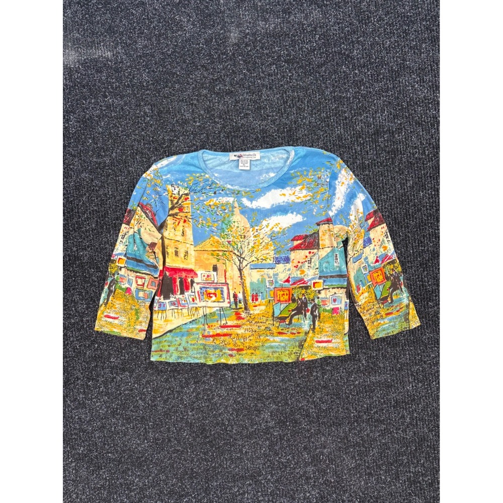 Appleseeds Womens PL Petite Large Art Print Cotton Knit Top European Scene Blue